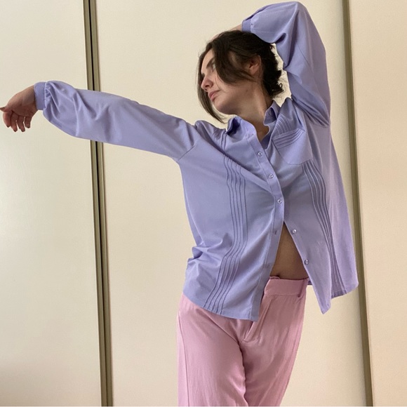 Vintage lavender sheer button down bell cuffed sleeves s/m spring top Easter - Picture 4 of 11